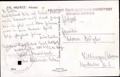 604307 | Ansichtskarte aus Velké Meziříčí durch deutsche Dienstpost Böhmen und Mähren  | -, -,