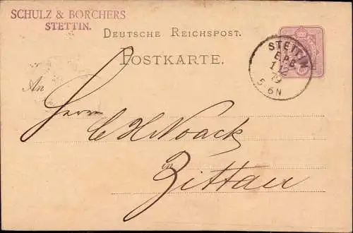 604309 | Ganzsache der Firma Schulz & Borchers mit Entwertung des Eisenbahn Post Büro  | Stettin (Stettin Stadt Pommern)