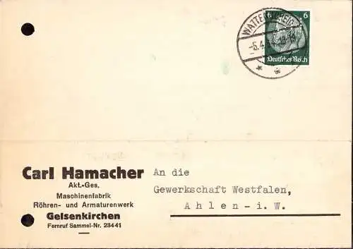 604312 | Postkarte der Fima Carl Hamacher, Marke mit Firmenlochung Perfin, gelocht  | Gelsenkirchen (W - 4650), -,