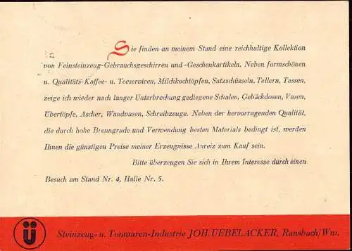 604355 | dekorative Karte der Steinzeug und Tonwaren Fabrik Uebelacker, Hannover Messe  | Ransbach-Baumbach (W - 5412),