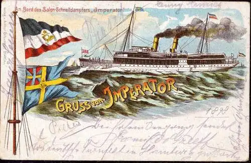 604358 | Litho, dekorative Ansicht des Dampfer Imperator mit Schiffpoststempel Trelleborg, Schiff  | Saßnitz, Rügen