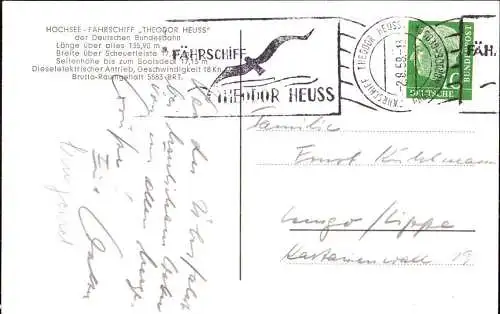 604361 | Schiffspost, Ansichtskarte Fährschiff Theodor Heuss nach Gedser  | Großenbrode (W - 2443), -,