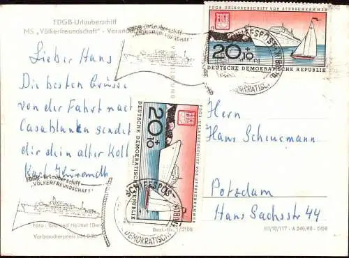 604368 | DDR Schiffspost, Schiff Völkerfreundschaft auf der Fahrt nach Casablanca  | -, -,