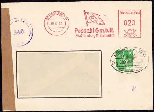 604373 | Bi Zone Bauten, Brief Spedition Possehl auffrankiert in der Bahnpost Nürnberg Passau nach Österreich | Hamburg