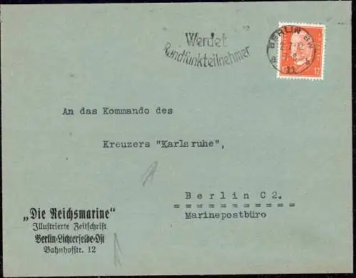 604375 | Brief der Zeitschrift Die Reichsmarine über das Marinepostbüro an den Kreuzer Karlsruhe | Lichterfelde ; Berlin