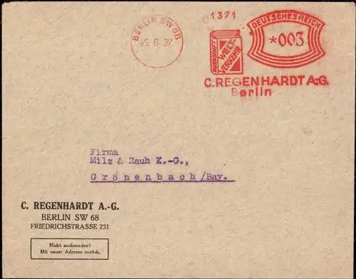 604377 | Auskunf Weltverkehr, Brief mit Freistempel der Firma Regenhardt, Schifffahrt, Eisenbahn, Reise | Berlin (W 1000