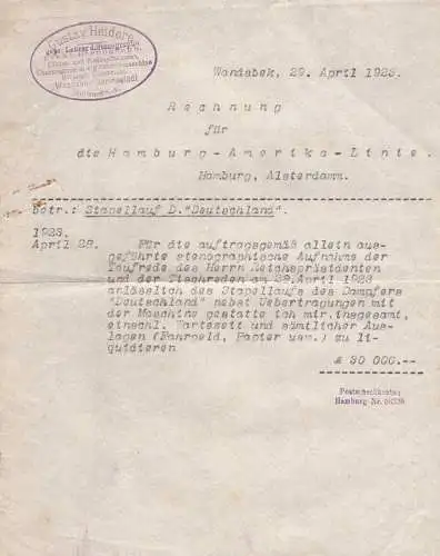 604378 | Rechnung Heidere, Stenographie Stapellauf Dampfer Deutschland der Hapag | Wandsbek ; Hamburg (W 2000)