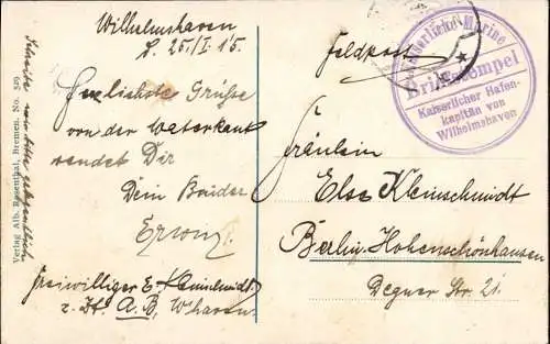 604453 | Marineschiffspost, MSP, Feldpostkarte mit Briefstempel des Kaiserlichen Hafenkapitän | Wilhelmshaven (W 2940)