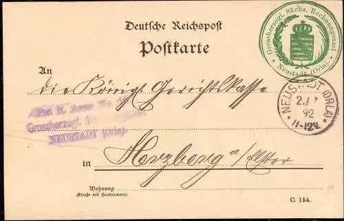 604472 | Dienstpost, Karte mit dekorativer Siegelmarke des Grossherzoglichen Rechnungsamt | Neustadt(Orla) (O 6710)