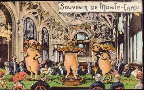 604485 | CPA, Souvenir de Monte Carlo, Monaco, Jeu d'argent, Roulette, Schwein  | -, -,