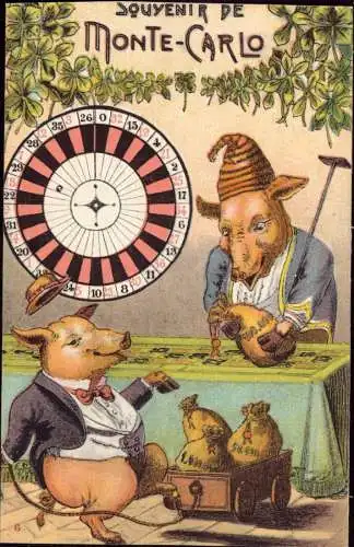 604486 | CPA, Souvenir de Monte Carlo, Monaco, Jeu d'argent, Roulette, Schwein  | -, -,