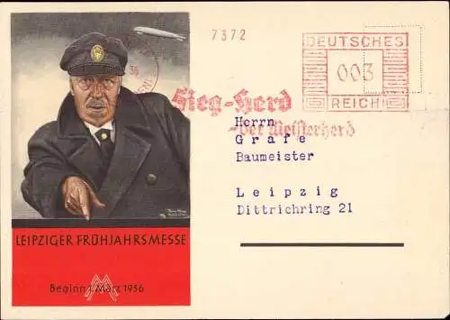 604496 | Baumesse, dekorative Werbung, mit Graf Zeppelin, der Firma Sieg Herd Fabrik, Küche | Geisweid; Siegen (W 5900)