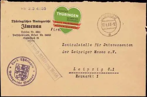 604519 | Thüringen, Dienstbrief Frei durch Ablösung mit Reklamemarke Vignette des Amtsgericht | Ilmenau (O 6300)