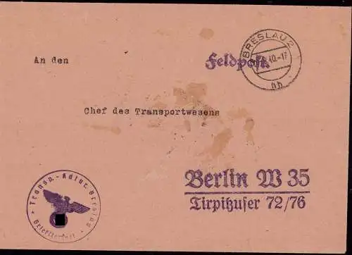 604521 | Feldpost 2. WK, Schlesien, Dienstbrief mit Siegel, Transport Kommandantur, Wroclaw | Breslau