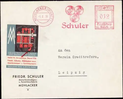 604552 | Reklamemarke und Freistempel mit Werbung, Firma F. Schuler, Metallkreissägen, Leipziger Messe  | Mühlacker (W