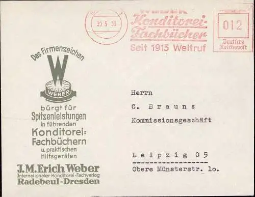 604561 | Verlag J. M. Erich Weber, dekorativer Geschäftsbrief mit Freistempel und Firmenlogo, Konditorei | Radebeul (O 8