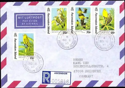 604570 | Ascension Island, Satzbrief 1993 per Einschreiben nach Deutschland, Vögel, Canary Bird  |