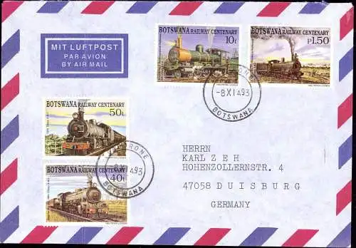 604571 | Botswana, Satzbrief per Luftpost nach Deutschland, Eisenbahn  | -, -,