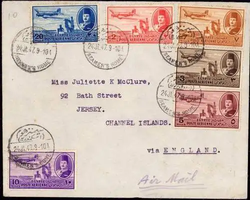 604576 | Egypt, Cover 1947, addressed to Jersey, Channel Island, UK  cancelled with Seamen’s Home,  | -, -,