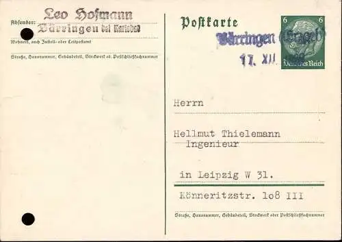 604581 | Ganzsache 1938 mit Notstempel Pernink, Okres Karlovy Vary, Erh. 3, gelocht | Bärringen, Stadt (Kreis Neudek Geb