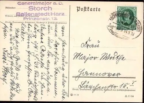 604583 | Postkarte des Generalmajor a. D. Storch mit eigenhändiger Unterschrift  | Ballenstedt (O - 4303), -,