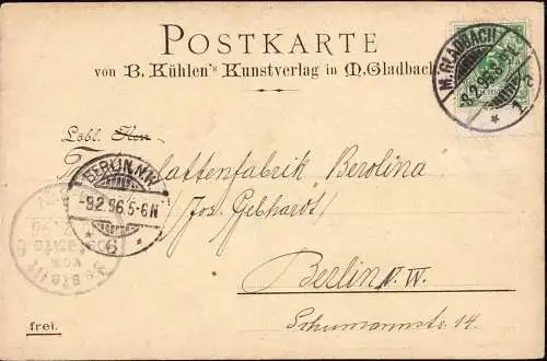 604590 | Geschäftskarte, 1896, des Kunsverlag B. Kühlen  | Mönchengladbach (W - 4050), -,