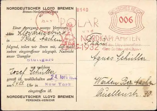 604595 | Geschäftskarte mit Freistempel Werbung, Nordcap Fahrten der Norddeutschen Lloyd | Bremen (O 6221)