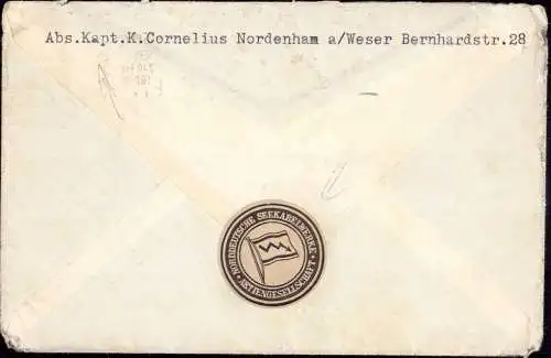 604599 | Brief aus USA mit rückseitig verklebter Reklamemarke Norddeutsche Seekabelwerke | Nordenham (W 2890)