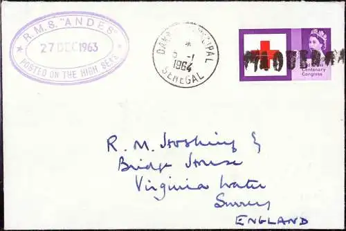 604610 | British shippost, 1964, Schiffspost R.M.S Andes aufgegeben in Dakar, Senegal  | -, -,