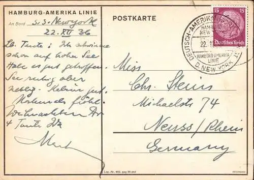 604612 | Postkarte, Marke entwertet mit Schiffspost Stempel der Hamburg Amerika Linie, Dampfer New York | Hamburg (W 200