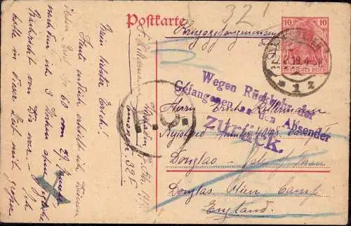 604616 | Kriegsgefangenenpost POW, 1919, in das Lager Douglas, Isle of Man, retour, Erh 3 ca. 1cm Einriss  | -, -,