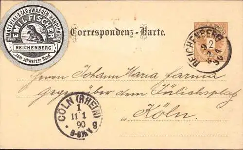 604617 | Sudetenland, Ganzsache 1890, mit dekorativer Vignette der Farbwarenhandlung Emil Fischer | Reichenberg (Kreis S