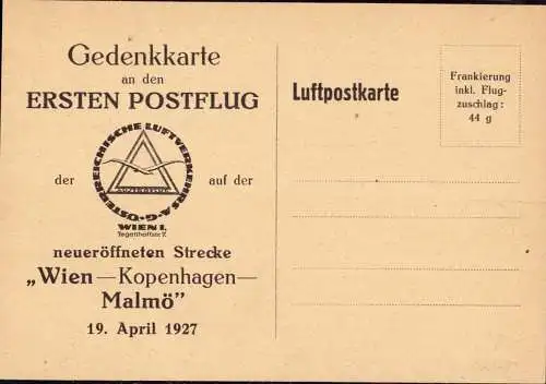 604635 | Ungebrauchte Karte, mit Logo, für den Erstflug der Austroflug Wien  Kopenhagen Malmö 1927 | Wien (A 1010 Österr
