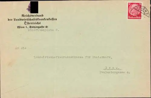 604645 | Brief, 1938, des Reichsverband der Landwirtschaftskrankenkassen mit überstempelten Österr. Adler, Wien  |