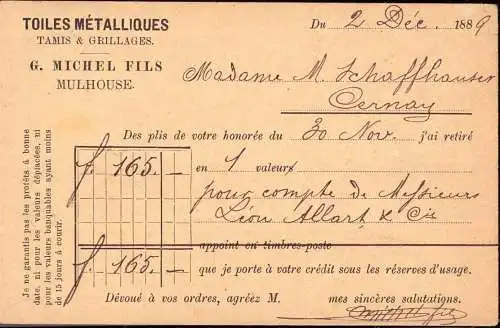 604656 | Ganzsach Zudruck, Postkarte 1889 der Firma Toiles Metalliques  | Mulhausen;Bas-Rhin (F 67350 Frankreich), -,