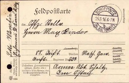 604661 | Oberschlesien, Feldpostkarte aus Schoppinitz kris Kattowitz. Erh 3, leider gelocht  | -, -,
