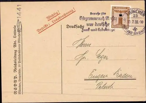 604706 | Dienstpost der NSDAP Reichchsleitung Abt. Lotterie  | München (O - 5301), -,