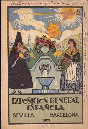 604708 | Spanien, Webung, Künstlerkarte der Exposition General Espanola, Sevilla, Barchelona  | -, -,