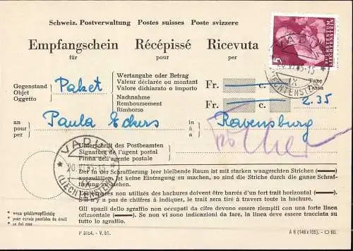 604717 | Schweizer Empfangsschein verwendet in Liechtenstein  | Vaduz, -,