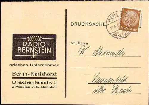 604720 | Geschäftskarte Radio Bernstein, arisches Unternehmen, Judaica | Karlshorst ; Lichtenberg ; Berlin (O 1000)