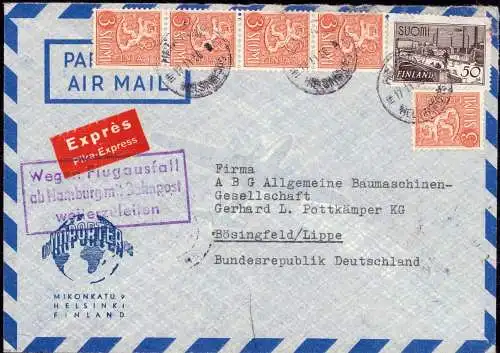 604725 | Eilbotenbrief aus Helsinki, Finnland per Luftpost, wegen Flugausfall per Bahnpost weiterbefördert | Hamburg (W