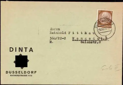 604728 | Brief mit ungewöhnlichen Logo der Firma Dinta. Erh 3, beschnitten, R.S. Klappe fehlt | Düsseldorf (W 4000)