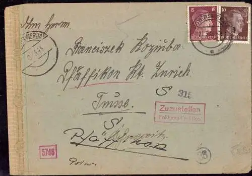 O 235, Grube Ostfeld über Hoyerswerda. Brief eines Fremdarbeiters, mit Posthilfsstellenstempel, in die Schweiz. Ort Lohsa, OT Mortkow Zensur