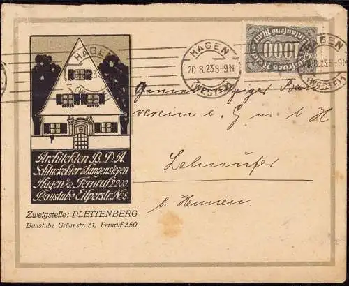 [Ansichtskarte] O 237, Dekorativer Briefumschlag mit Werbung der Architekten B. D. A. Schluckebier Langensiepen in Hagen Westfalen. 