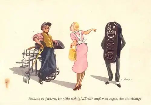 [Ansichtskarte] O 240 Werbung, Serie von 6 Karten der Brikettfabrik Troll in Brieske, OT Senftenberg, Oberlausitz, sign. Blümel, Kohle, Bergbau. 