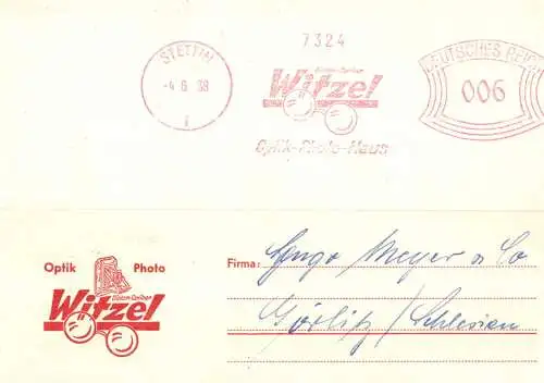 [Ansichtskarte] O 270 Stettin, Pommern, Geschäftskarte der Firma Optik - Foto Witzel von 1938. 