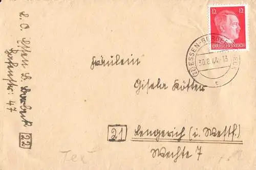 O 353 Brief 1944 aus Essen Bergeborbeck, Stempel mit Postleitzahl (22) und der Inhalt im schönsten Sütterlin geschrieben
