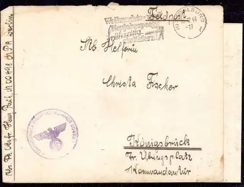 O 355 Feldpost Brief 1944 aus Stralsund, Stempel mit Postleitzahl (4) 