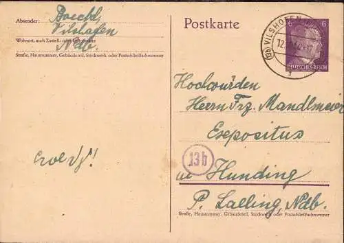O 356 Karte 1944 aus Vilshofen, Stempel mit Postleitzahl (13b) 
