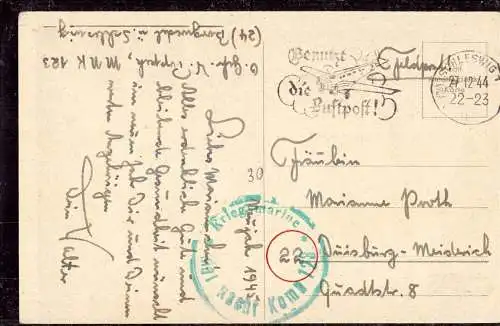 O 357 Feldpost Karte 1944 aus Schleswig, Stempel mit Postleitzahl (24) 